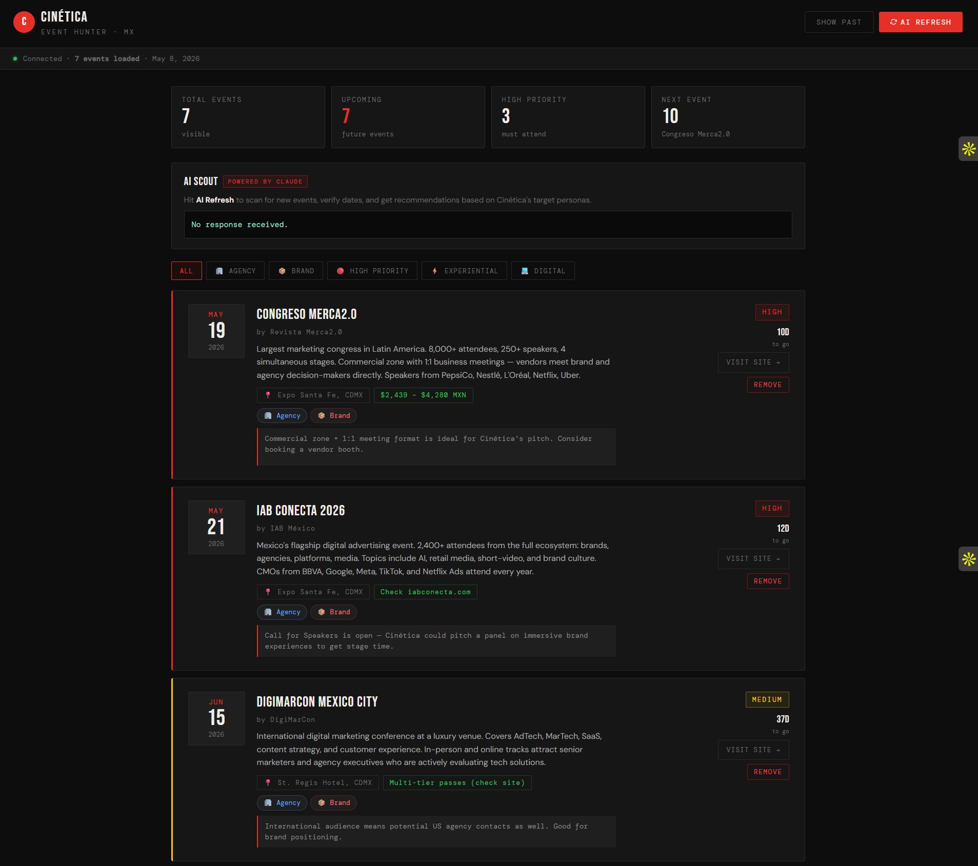 Cinética Event Hunter: AI-powered tool that surfaces relevant marketing events with priority scoring and contextual recommendations