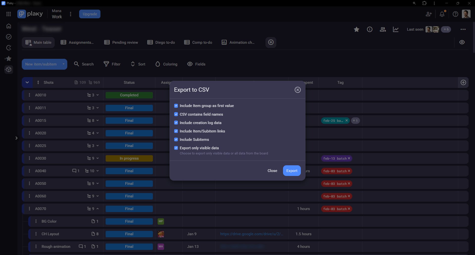 Plaky project management tool exporting shot data to CSV